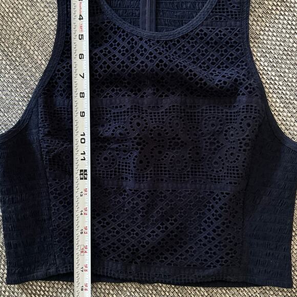 Rebecca Taylor Maise Sheer Smocked Eyelet Navy Blue Cropped Cotton Tank Top 10 - Picture 6 of 9